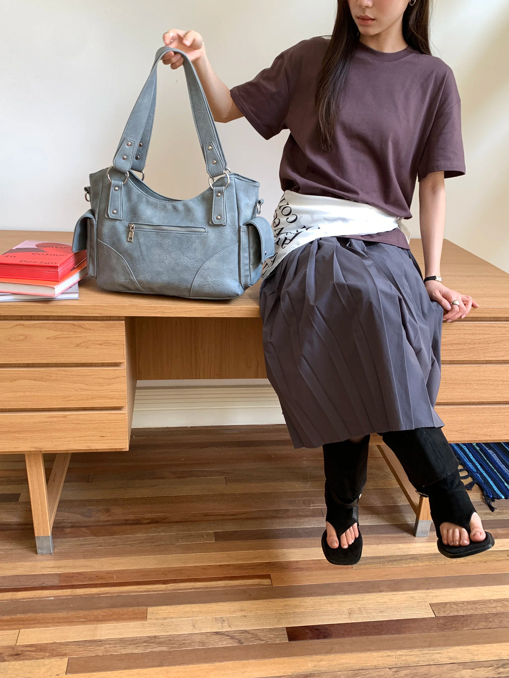 Kallie Vintage Oversized Shoulder Bag in Haze Blue