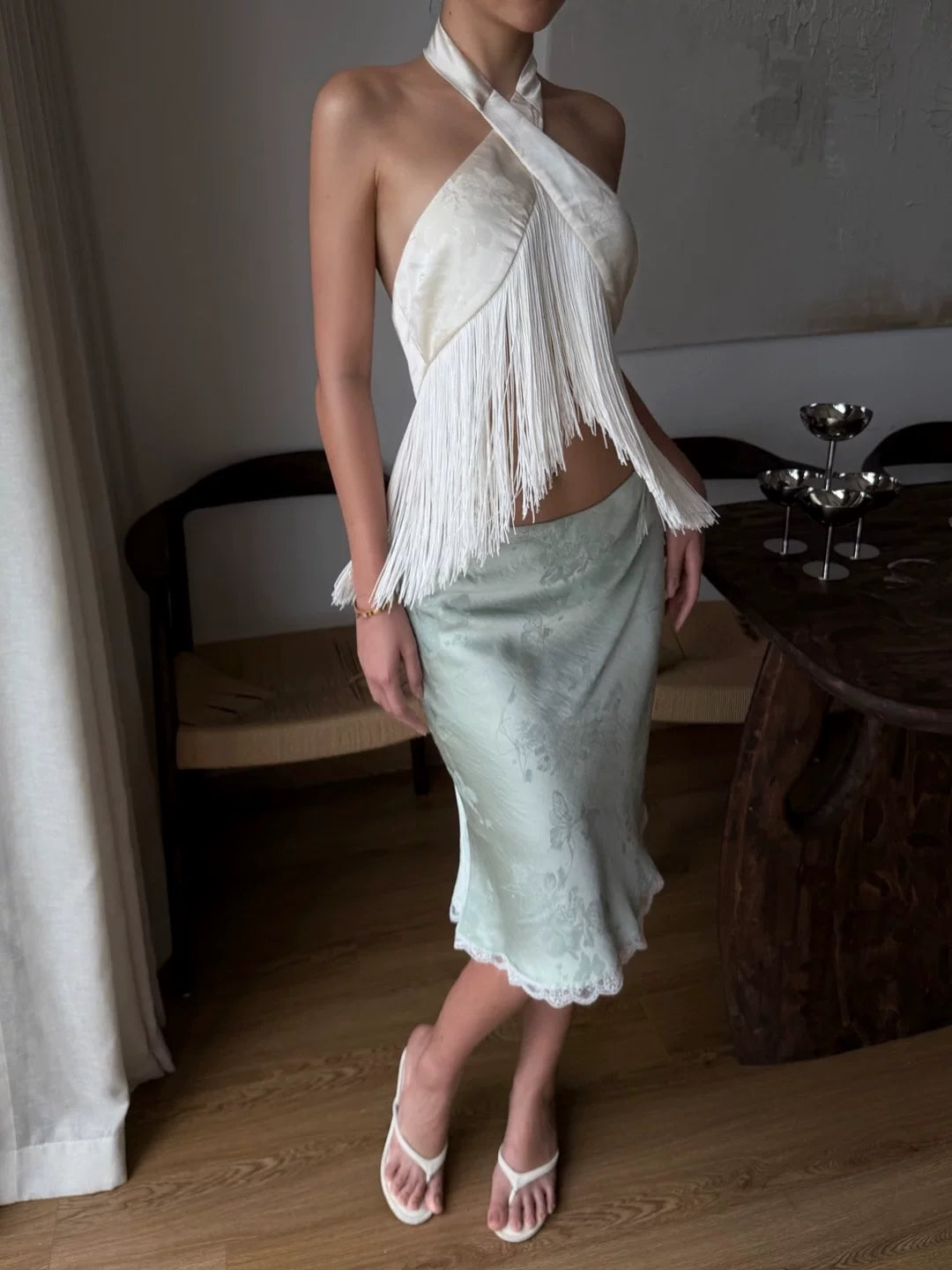 Freya Ivory Satin Fringe Halter Top