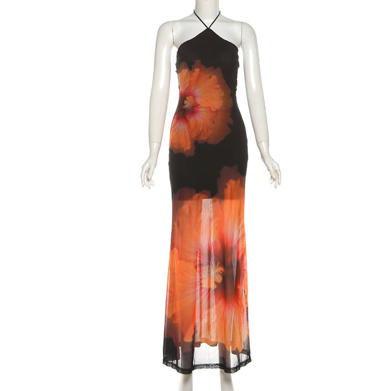 Elin Floral Mesh Halter Maxi Dress