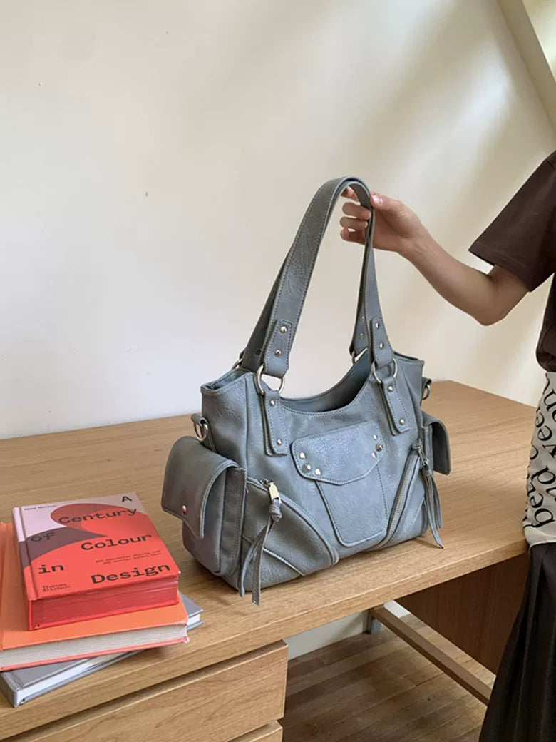Kallie Vintage Oversized Shoulder Bag in Haze Blue