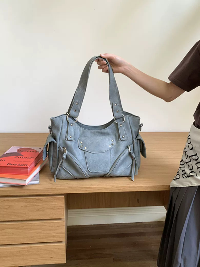 Kallie Vintage Oversized Shoulder Bag in Haze Blue