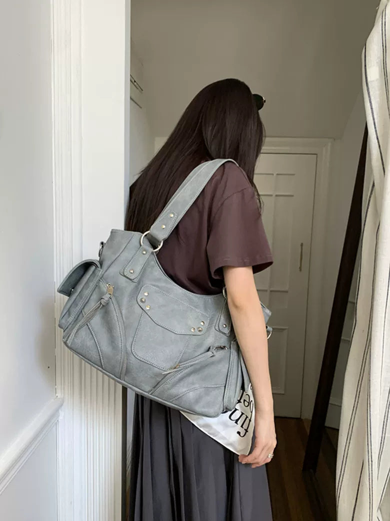 Kallie Vintage Oversized Shoulder Bag in Haze Blue