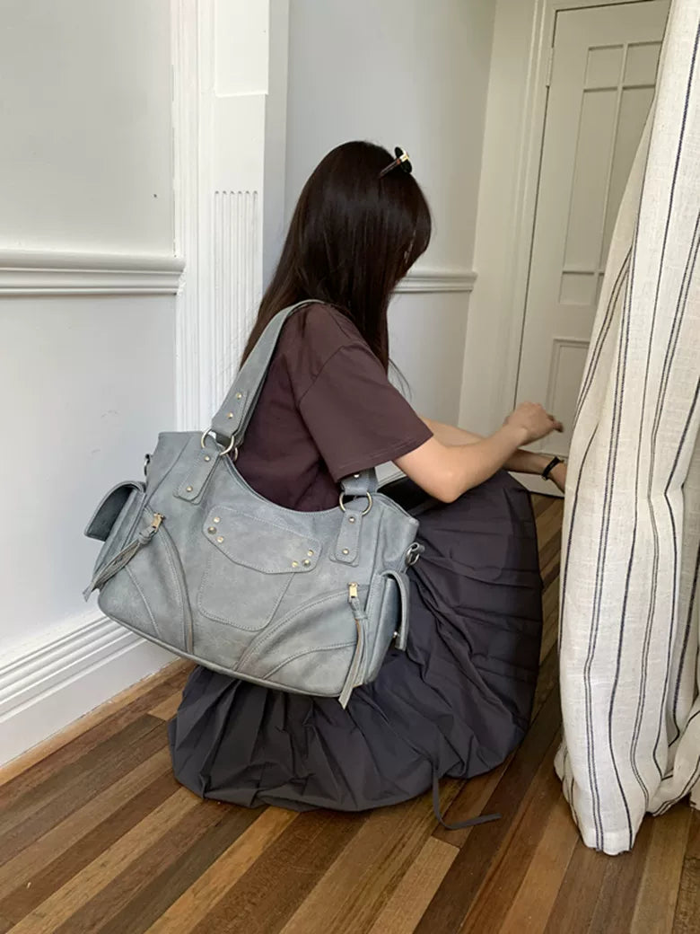 Kallie Vintage Oversized Shoulder Bag in Haze Blue