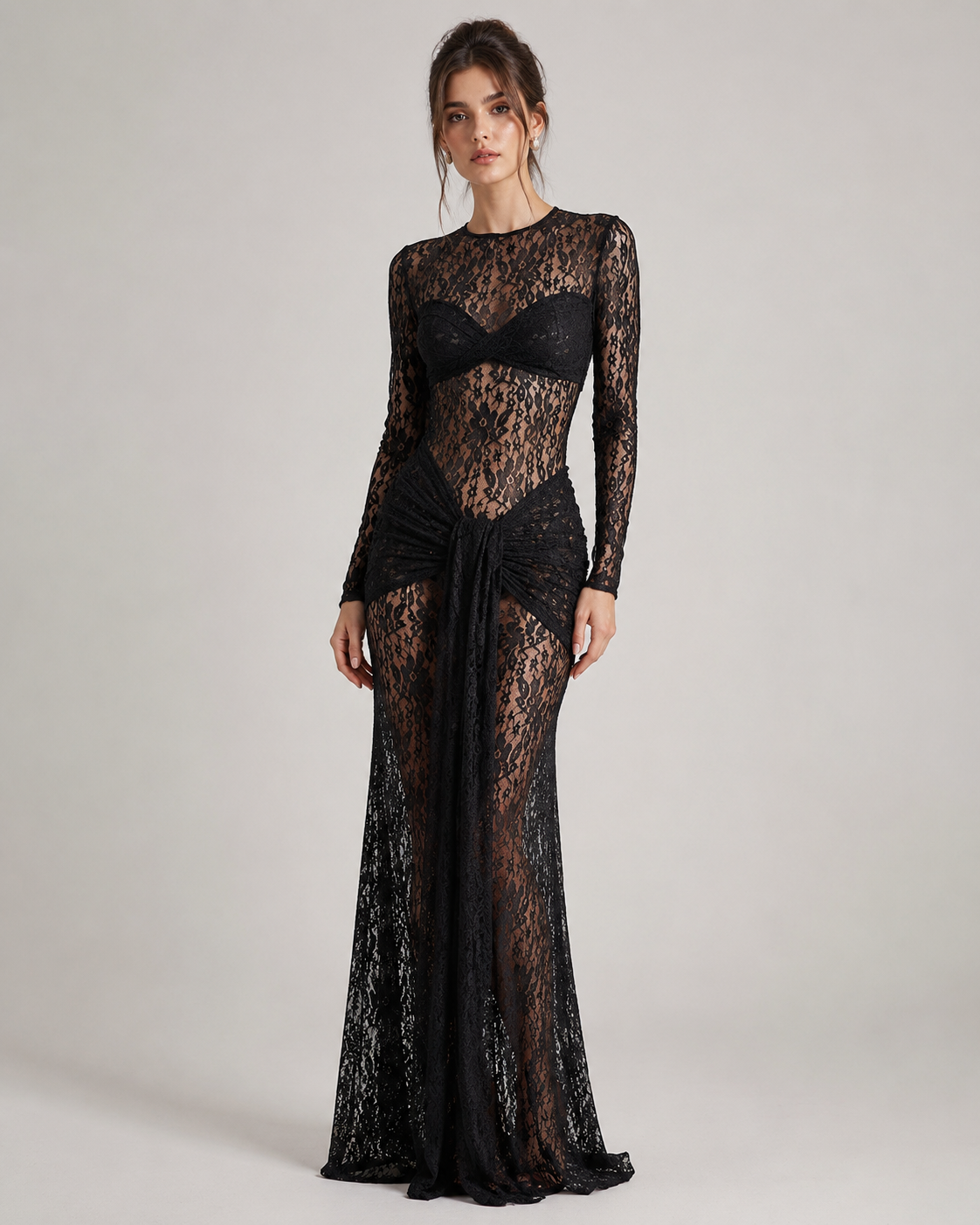 Sariel Lace Maxi Dress with Draped Waist Detail