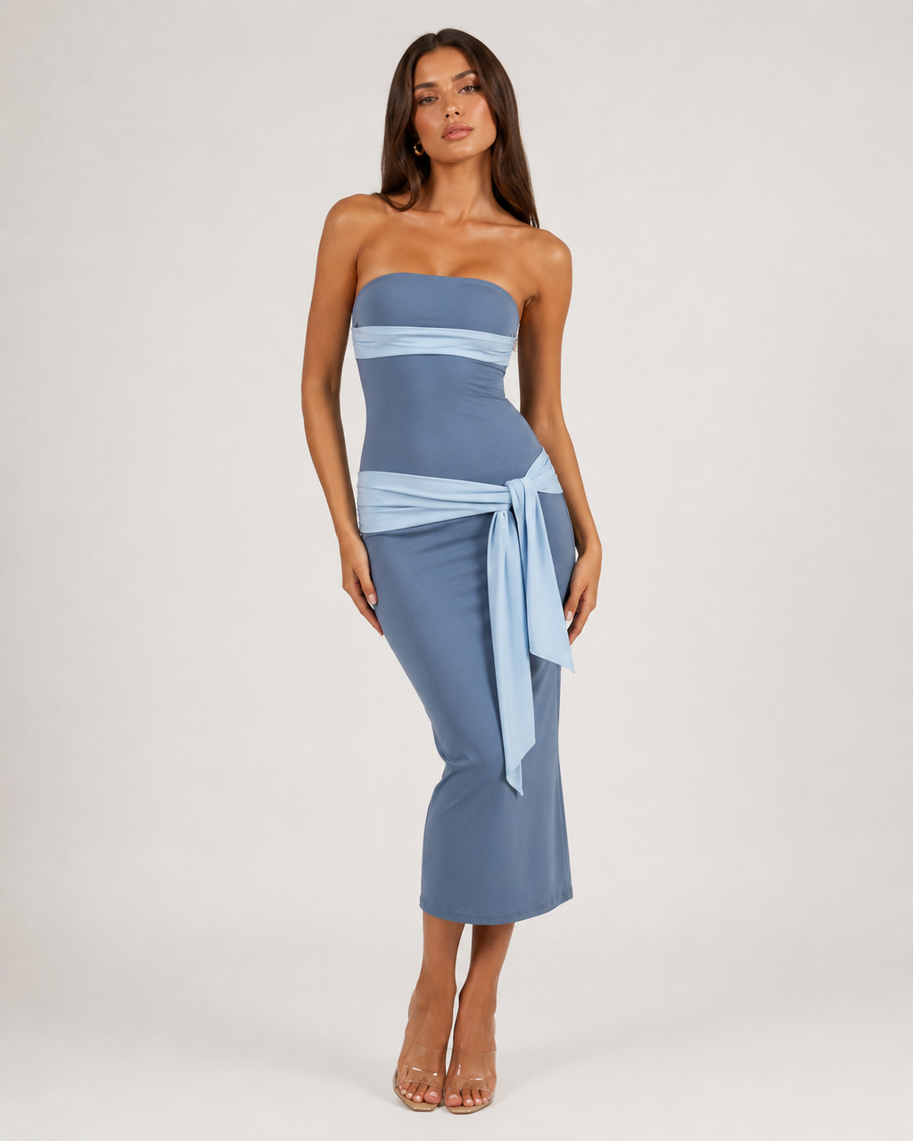 Velira Strapless Midi Dress with Tie Detail