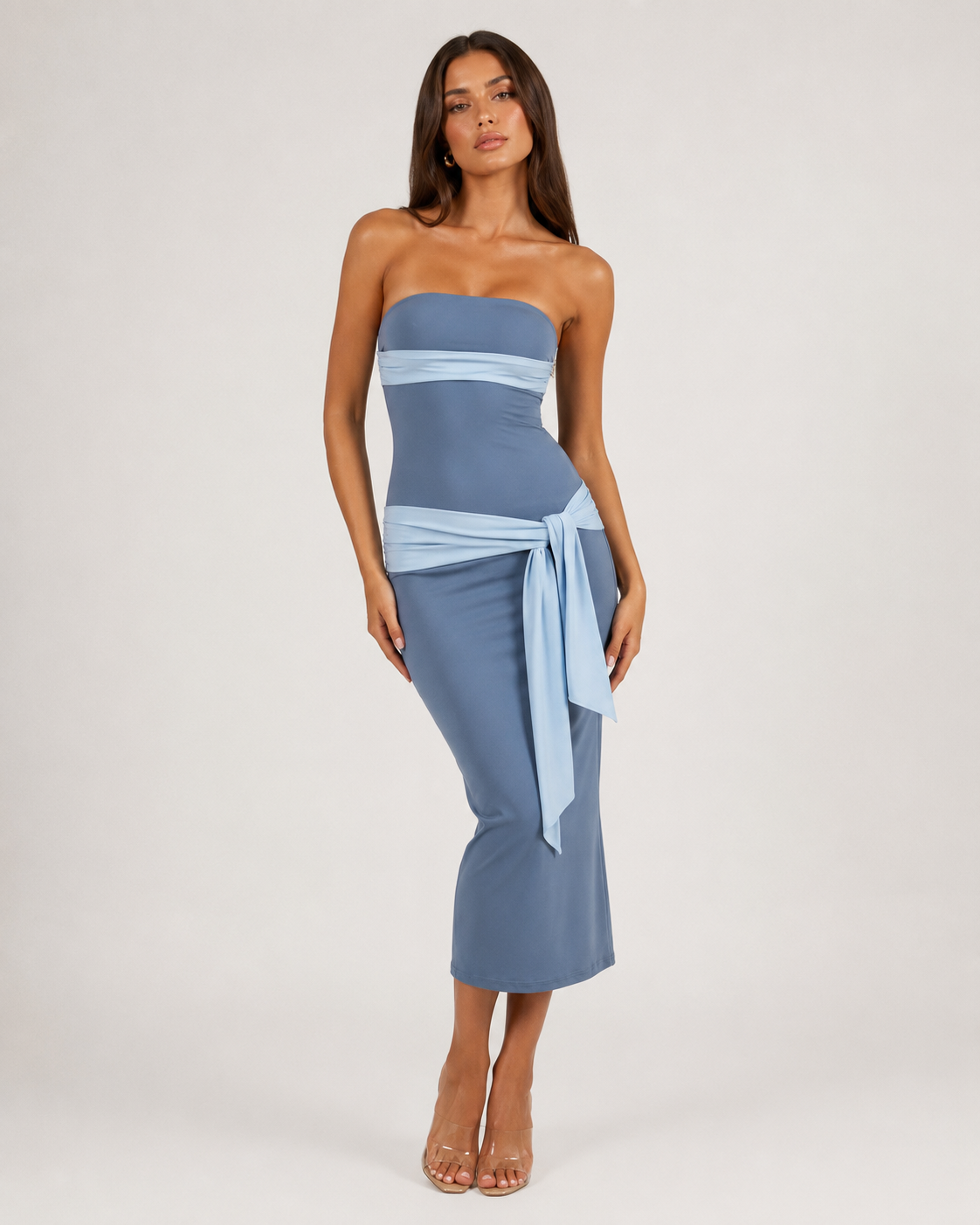 Velira Strapless Midi Dress with Tie Detail