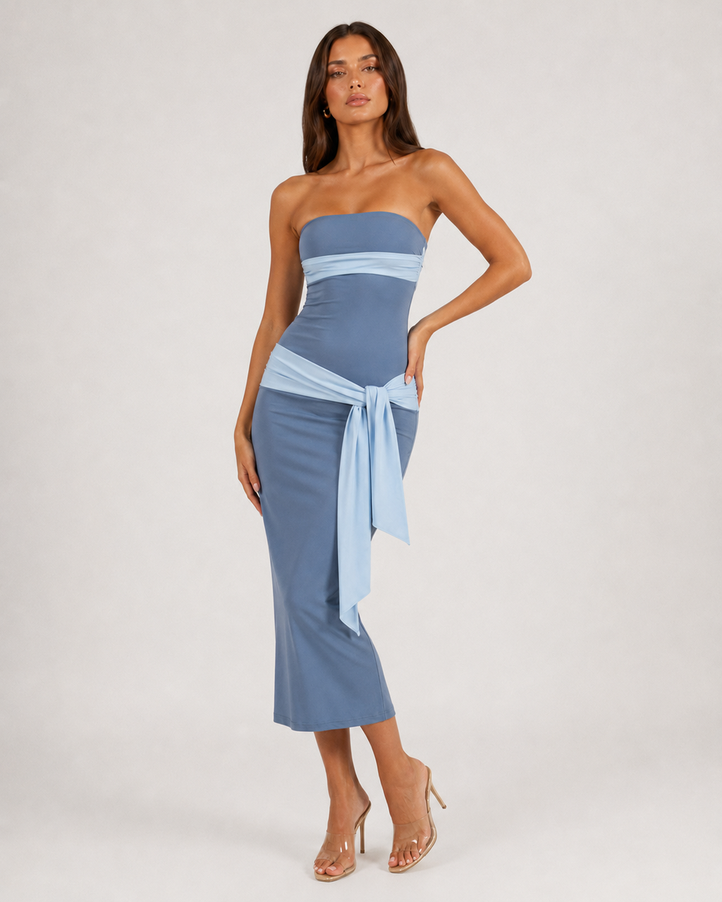 Velira Strapless Midi Dress with Tie Detail