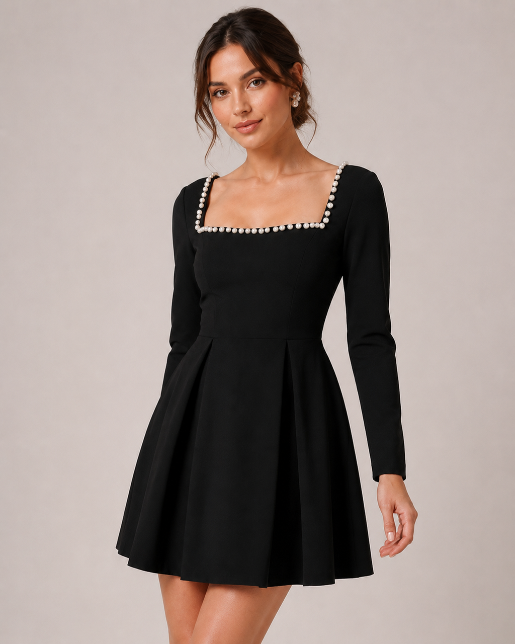 Black Pearl Trim Long Sleeve Mini Dress
