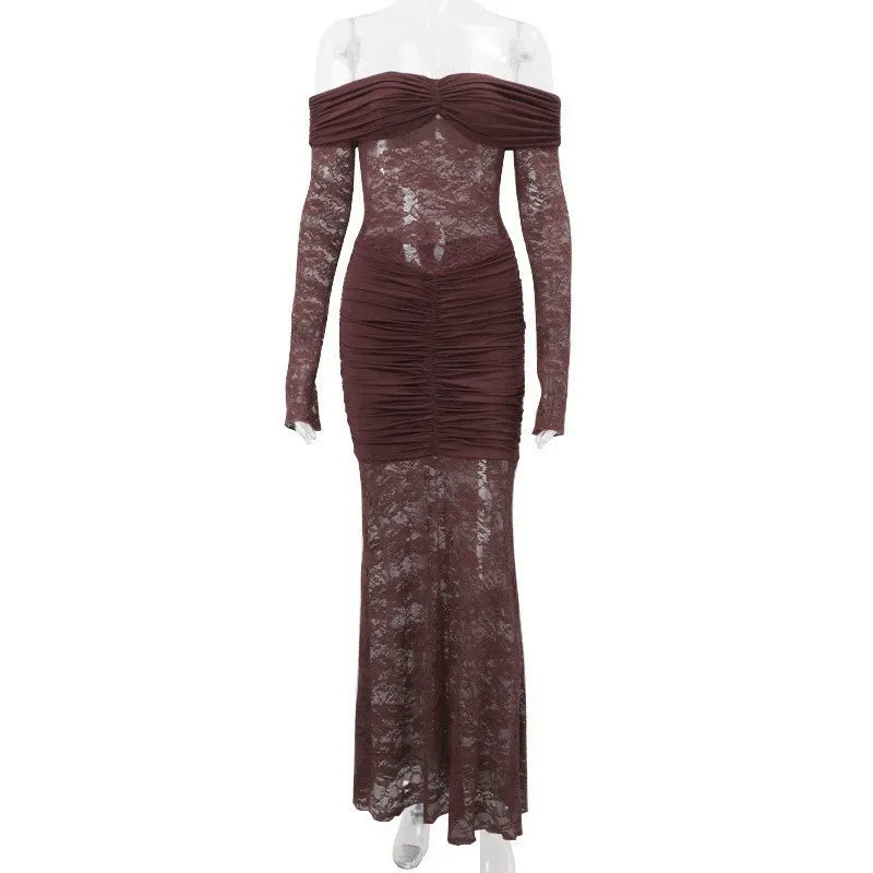 Off-Shoulder Lace Ruched Maxi Dress