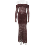 Off-Shoulder Lace Ruched Maxi Dress