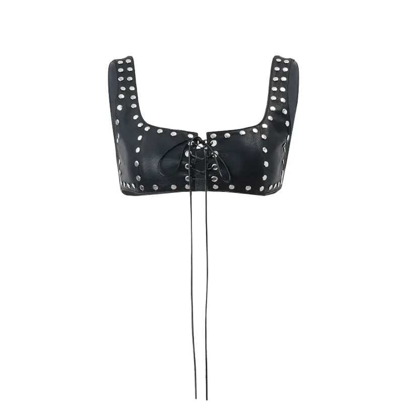 Studded Lace-Up Faux Leather Crop Top