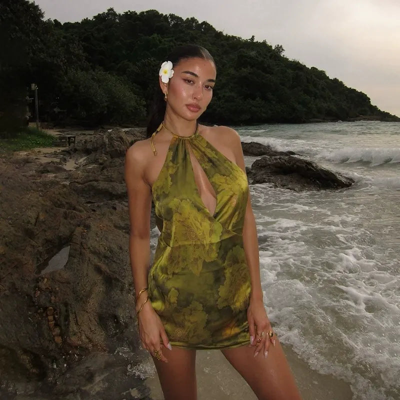 Nerida Olive Floral Halter Mini Dress