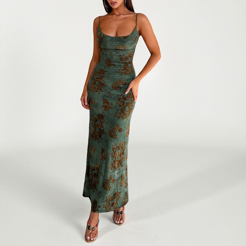 Minara Sage Green Floral Open-Back Maxi Dress