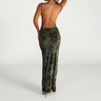 Minara Sage Green Floral Open-Back Maxi Dress