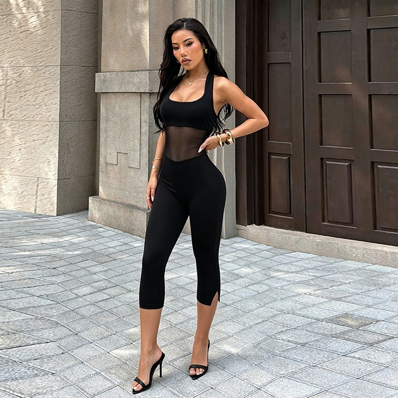 Nerys Mesh Panel Halter Capri Jumpsuit