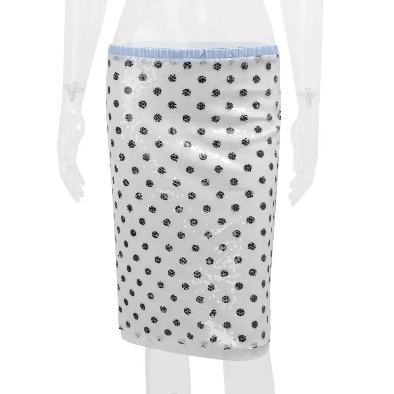 Nisa Sequin Polka Dot Lace Hem Midi Skirt