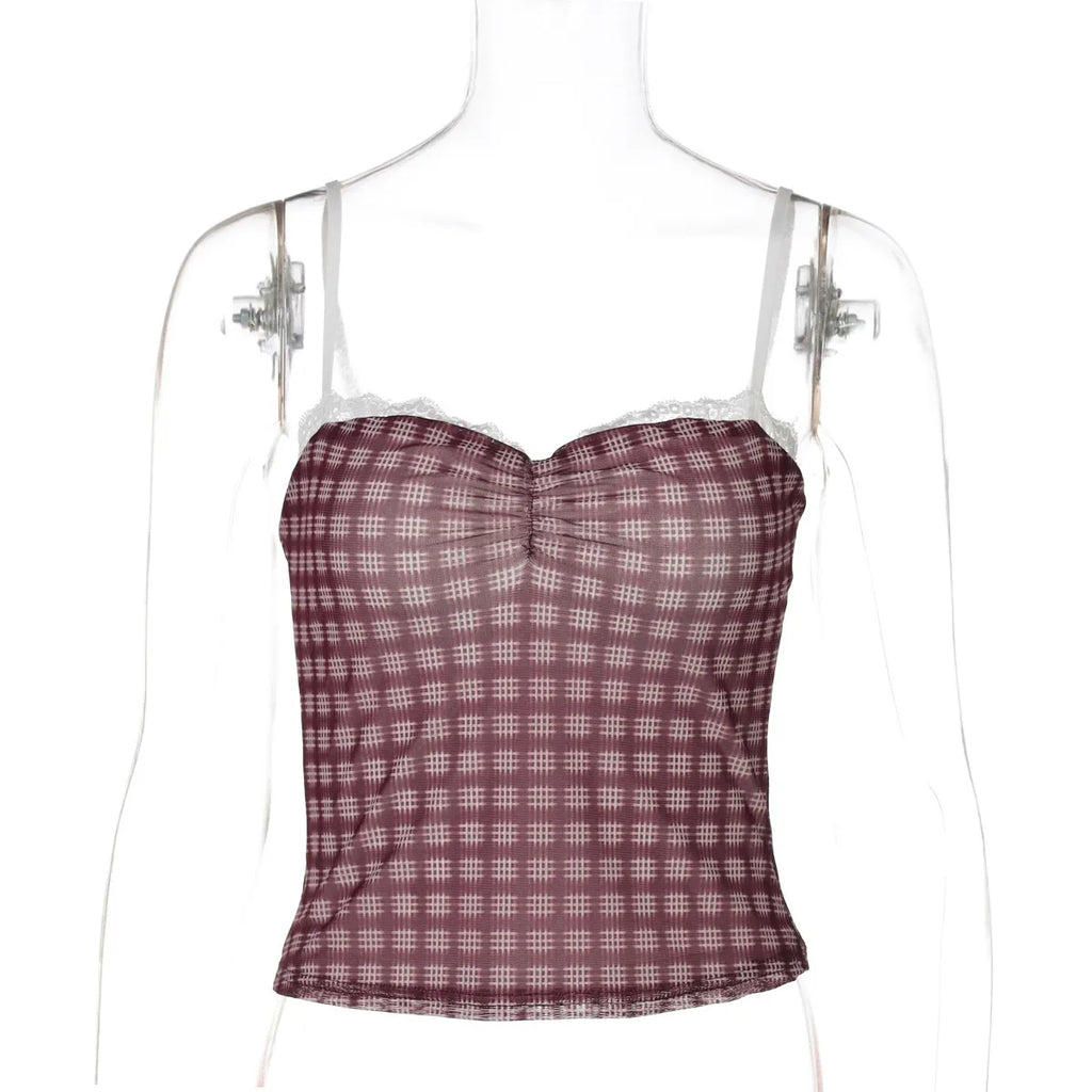 Gingham Lace Trim Cami Top