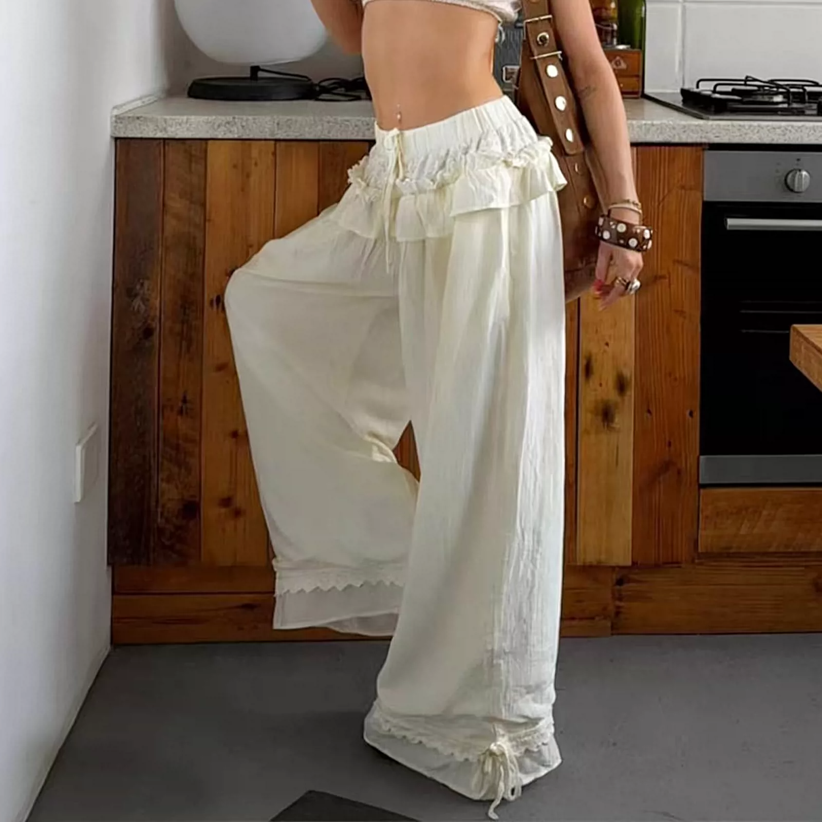 Geneva Ivory Lace Ruffle Wide-Leg Pants