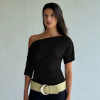 Ruched One-Shoulder Short Sleeve Top