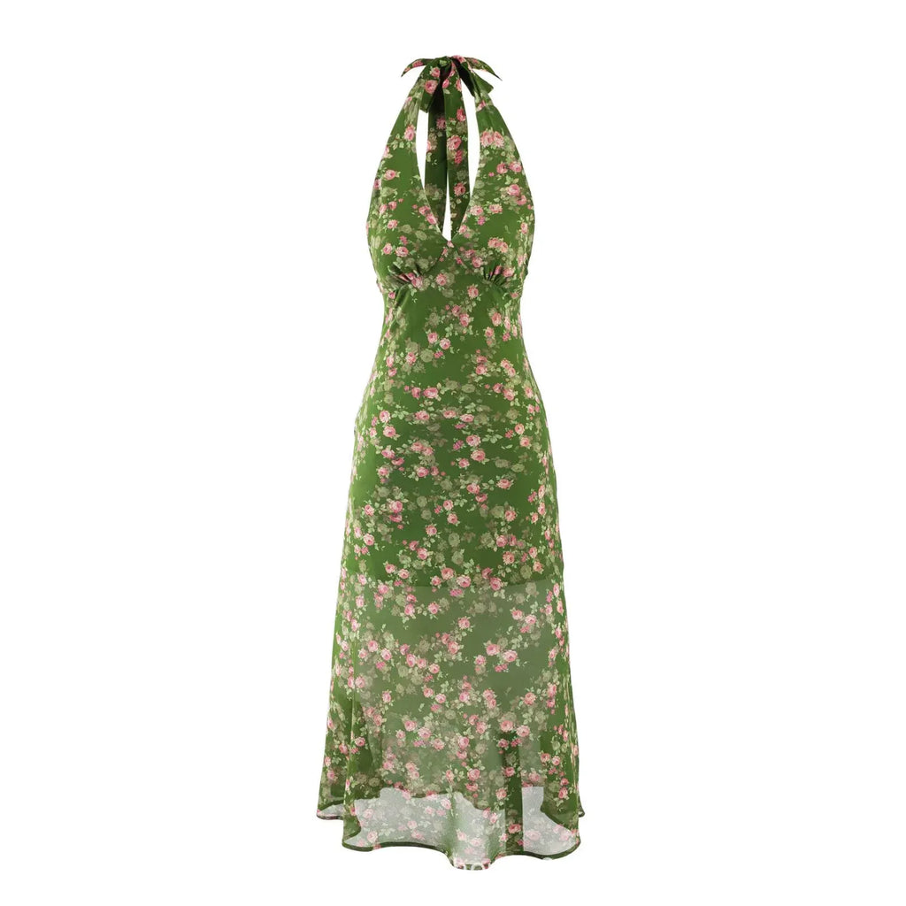 Yeli Olive Floral Halter Midi Dress