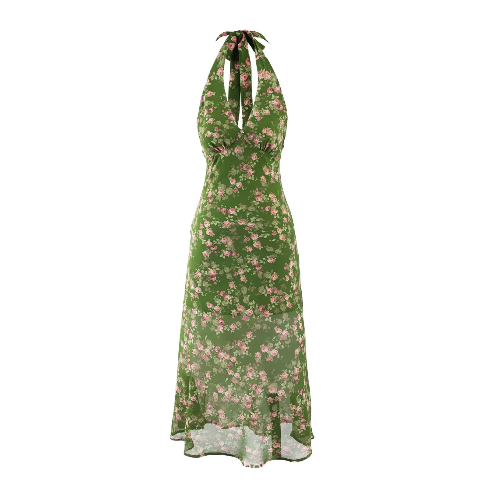 Yeli Olive Floral Halter Midi Dress
