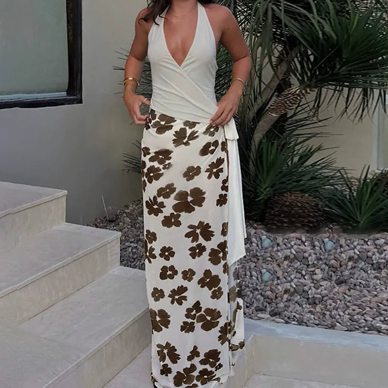 Tilora Halter Floral Maxi Dress with Side Tie