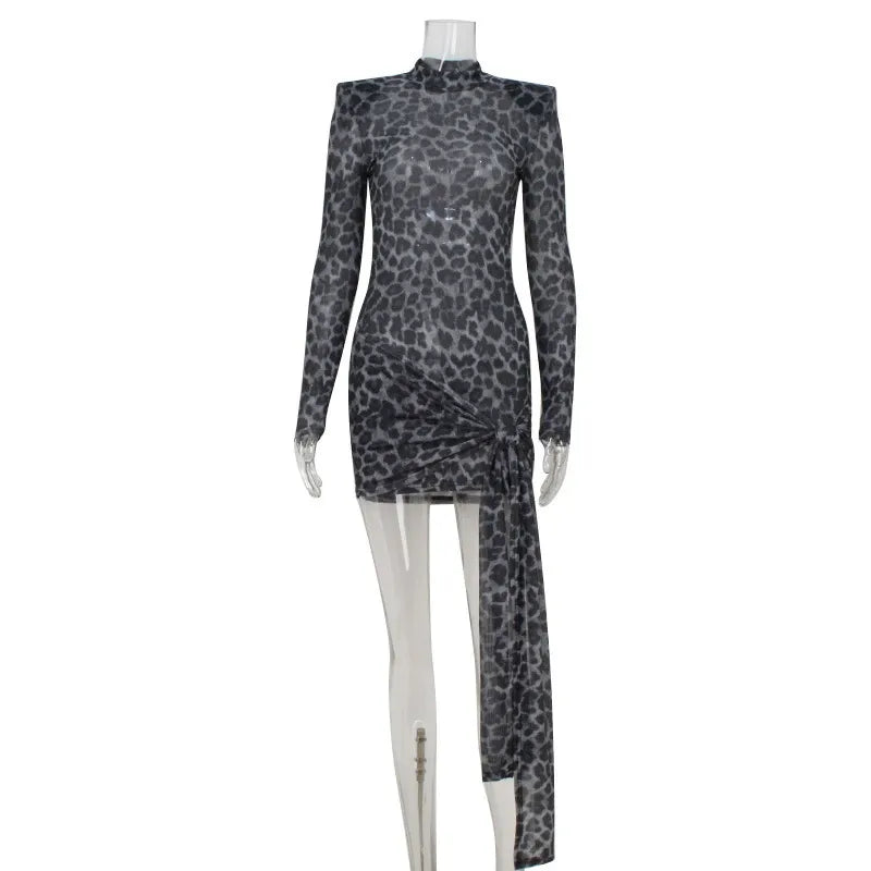 Nevina Leopard Mesh Tie Mini Dress