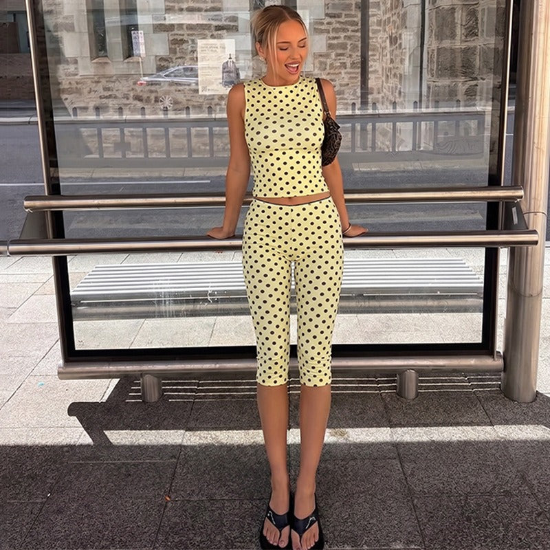Rovena Polka Dot Crop Top & Capri Pants Set
