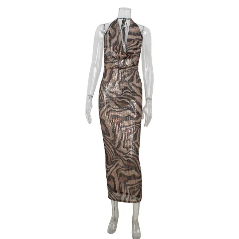 Brinya Bronze Zebra Sequin Maxi Dress