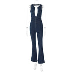 Deep V Zip-Front Denim Jumpsuit