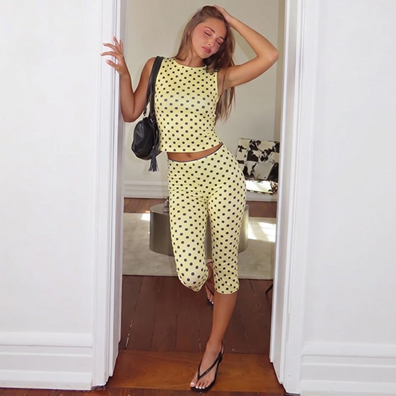 Rovena Polka Dot Crop Top & Capri Pants Set