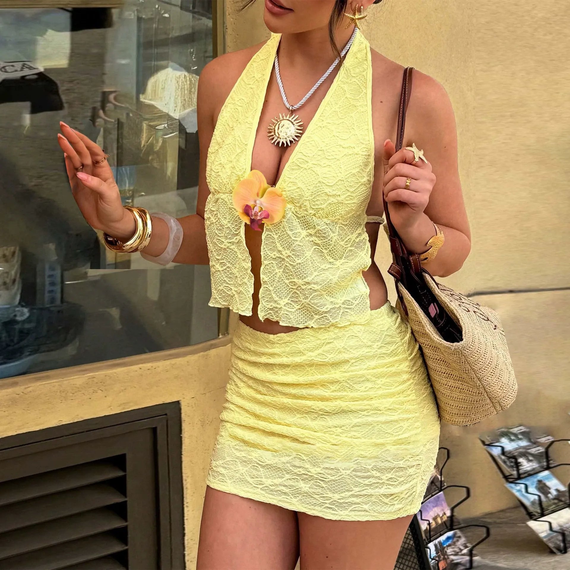 Lemon Lace Halter Top & Ruched Mini Skirt Set
