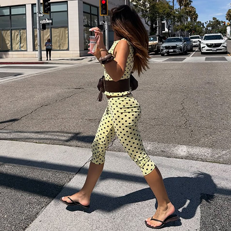 Rovena Polka Dot Crop Top & Capri Pants Set