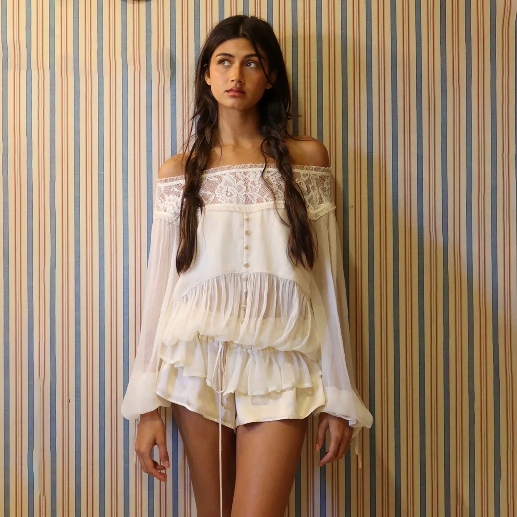 Ivory Lace Off-Shoulder Ruffle Blouse