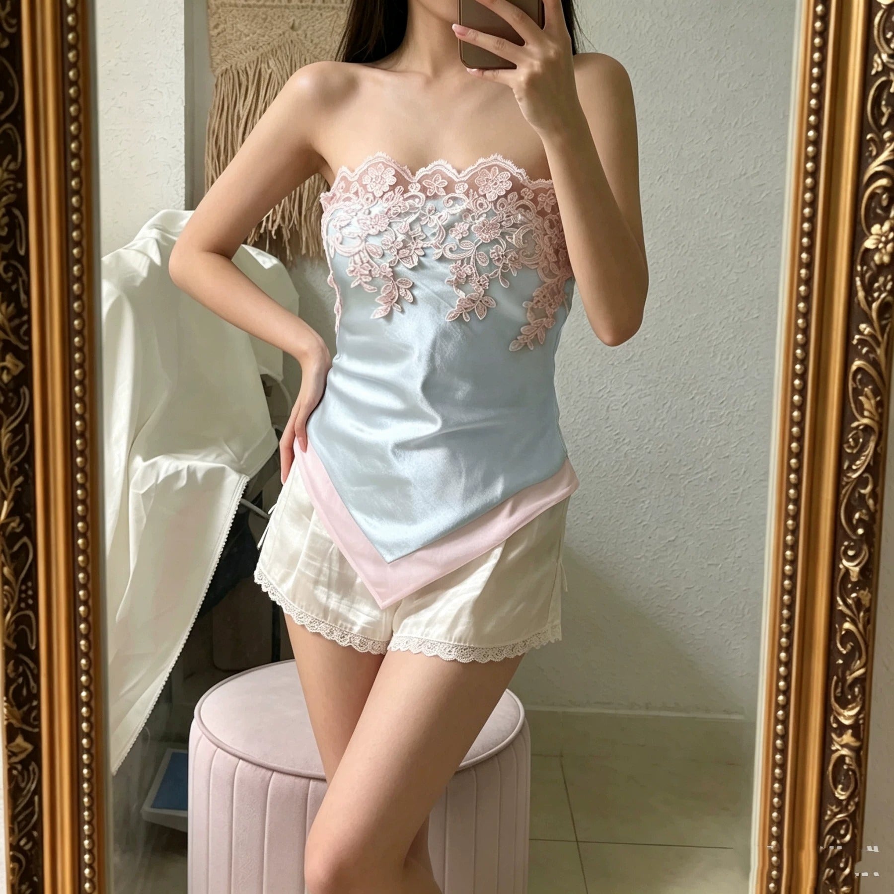 Etta Satin Lace-Trim Cami Set