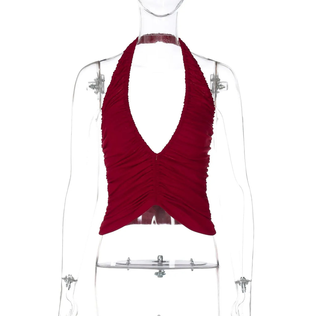 Red Ruched Plunge Halter Top