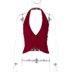 Red Ruched Plunge Halter Top