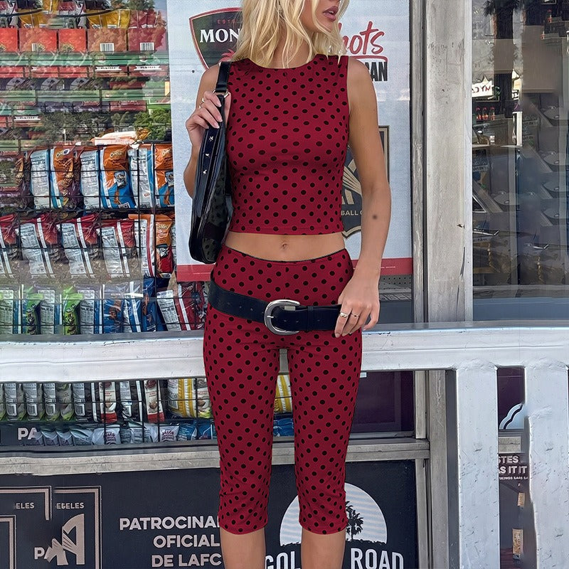 Rovena Polka Dot Crop Top & Capri Pants Set