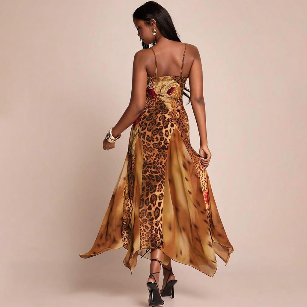 Zelin Leopard Floral Mesh Maxi Dress