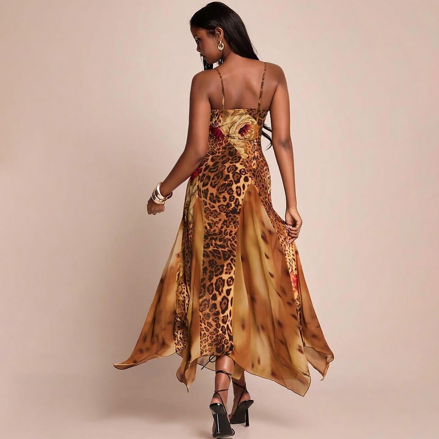 Zelin Leopard Floral Mesh Maxi Dress