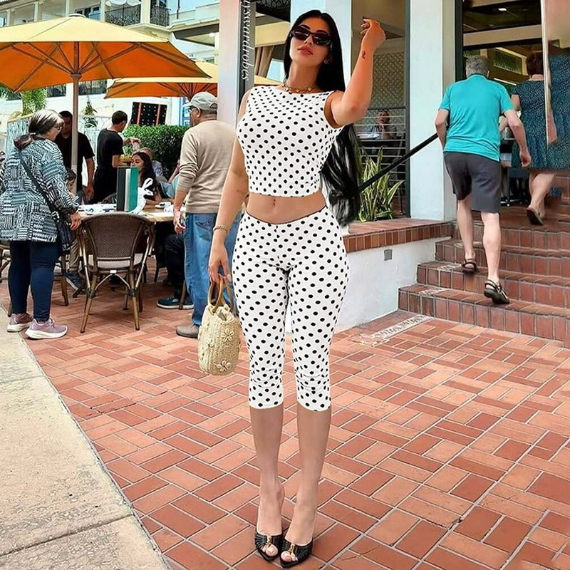 Rovena Polka Dot Crop Top & Capri Pants Set