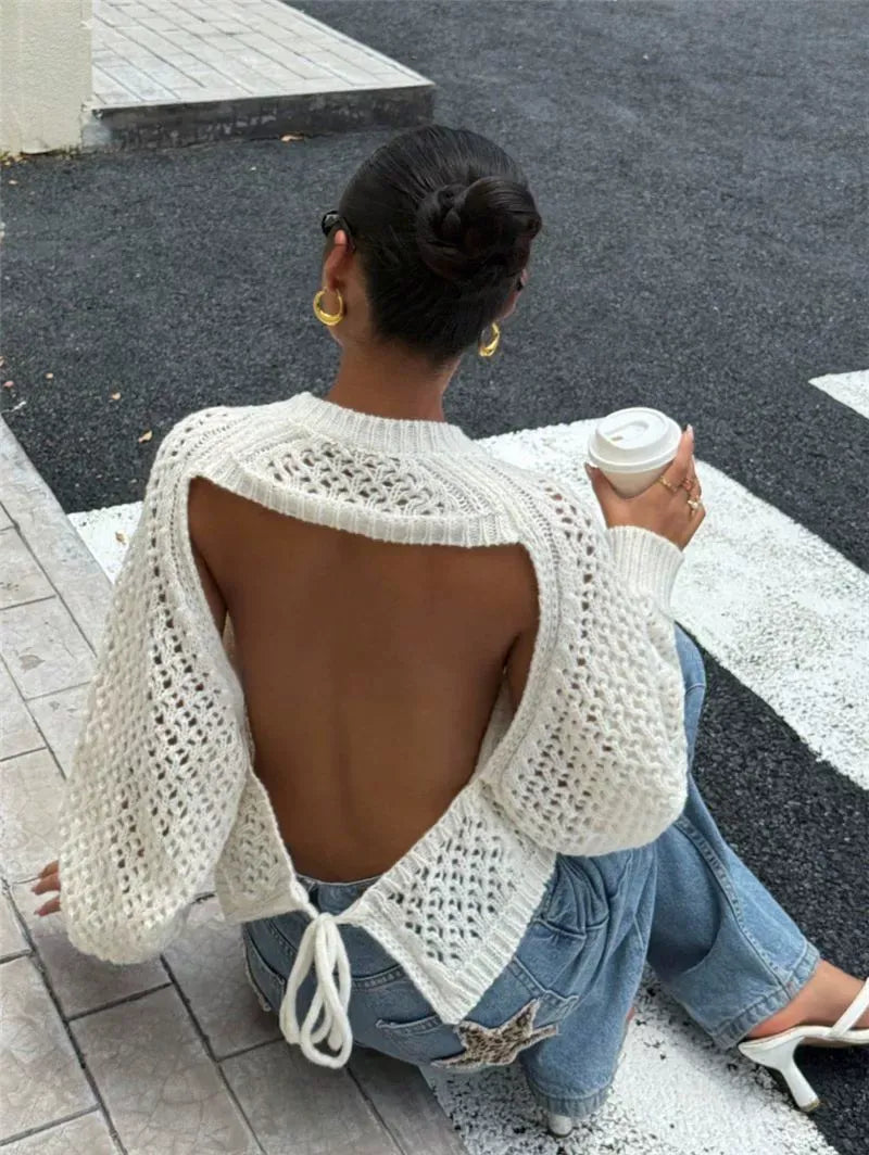 Zinnia Open-Back Crochet Knit Cardigan