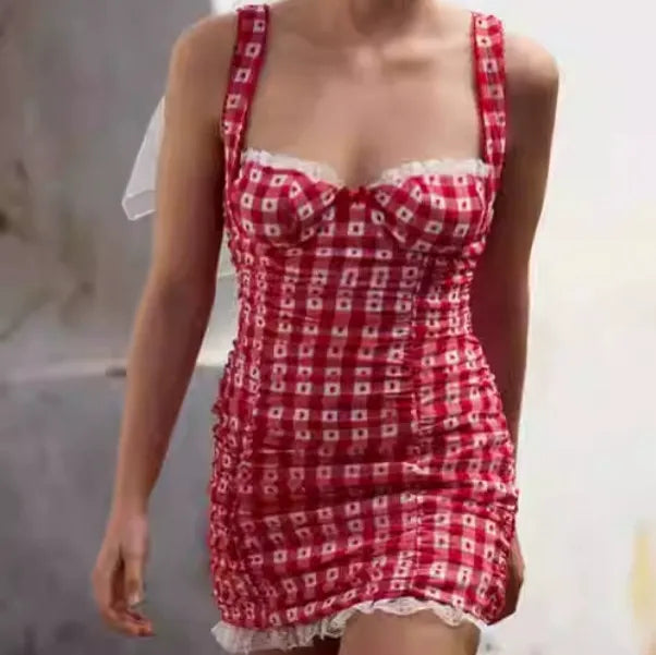 Althea Red Gingham Lace Trim Mini Dress