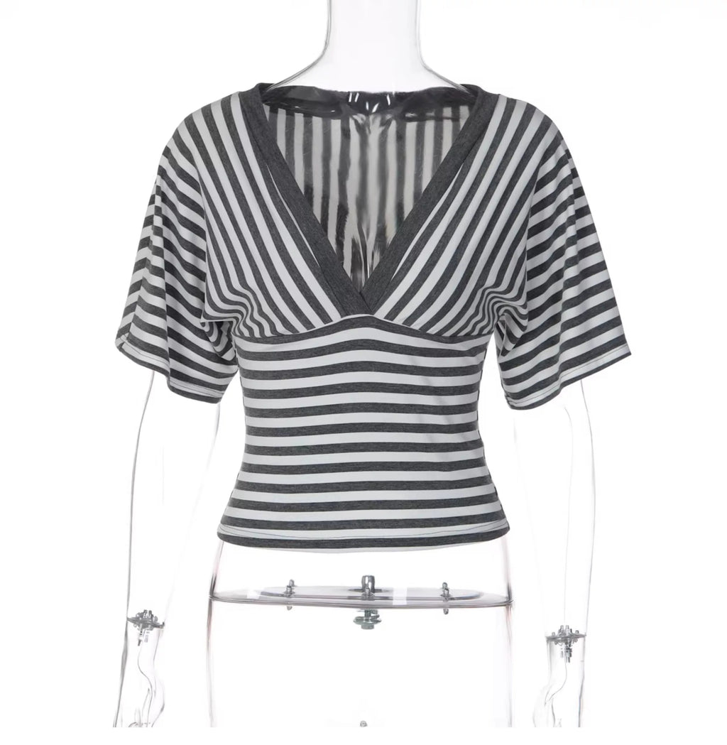 Yuna Striped Deep V-Neck Top