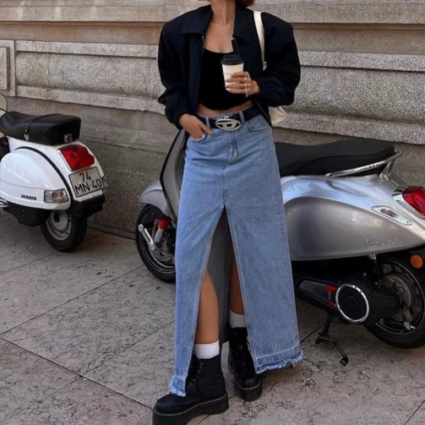 Orietta Front Slit Denim Maxi Skirt