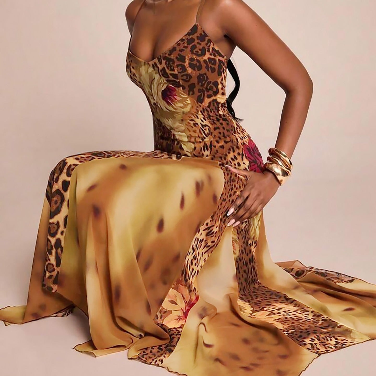 Zelin Leopard Floral Mesh Maxi Dress