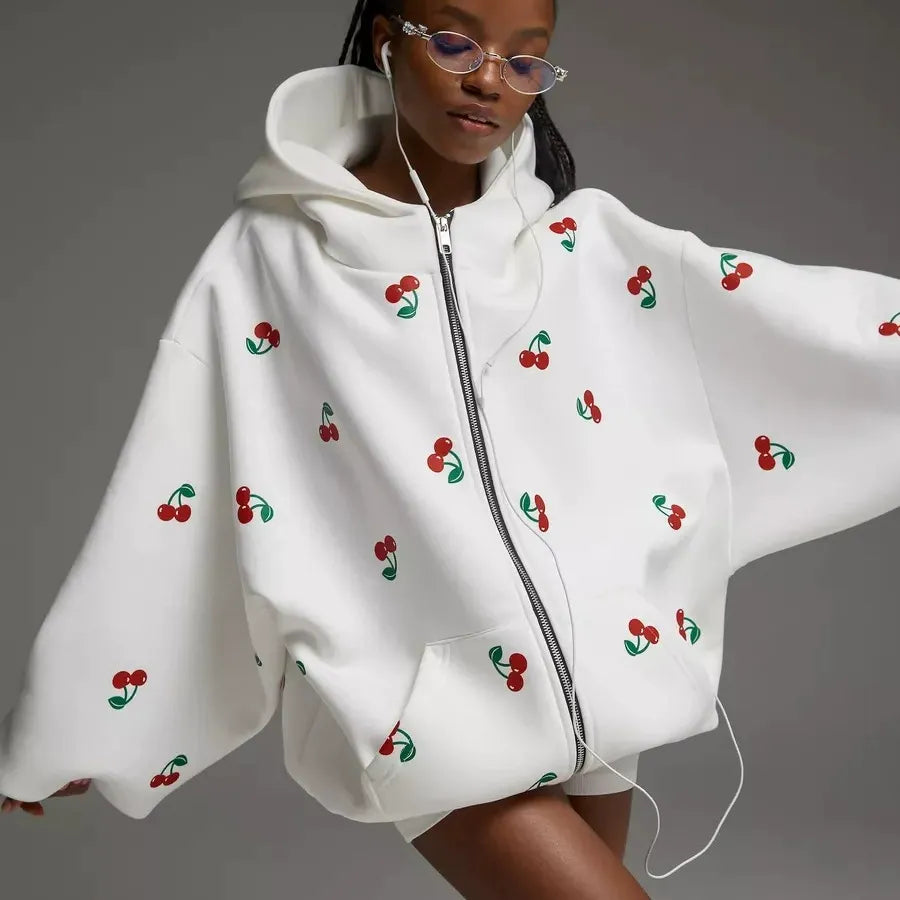 Cherry Print Oversized Zip-Up Hoodie