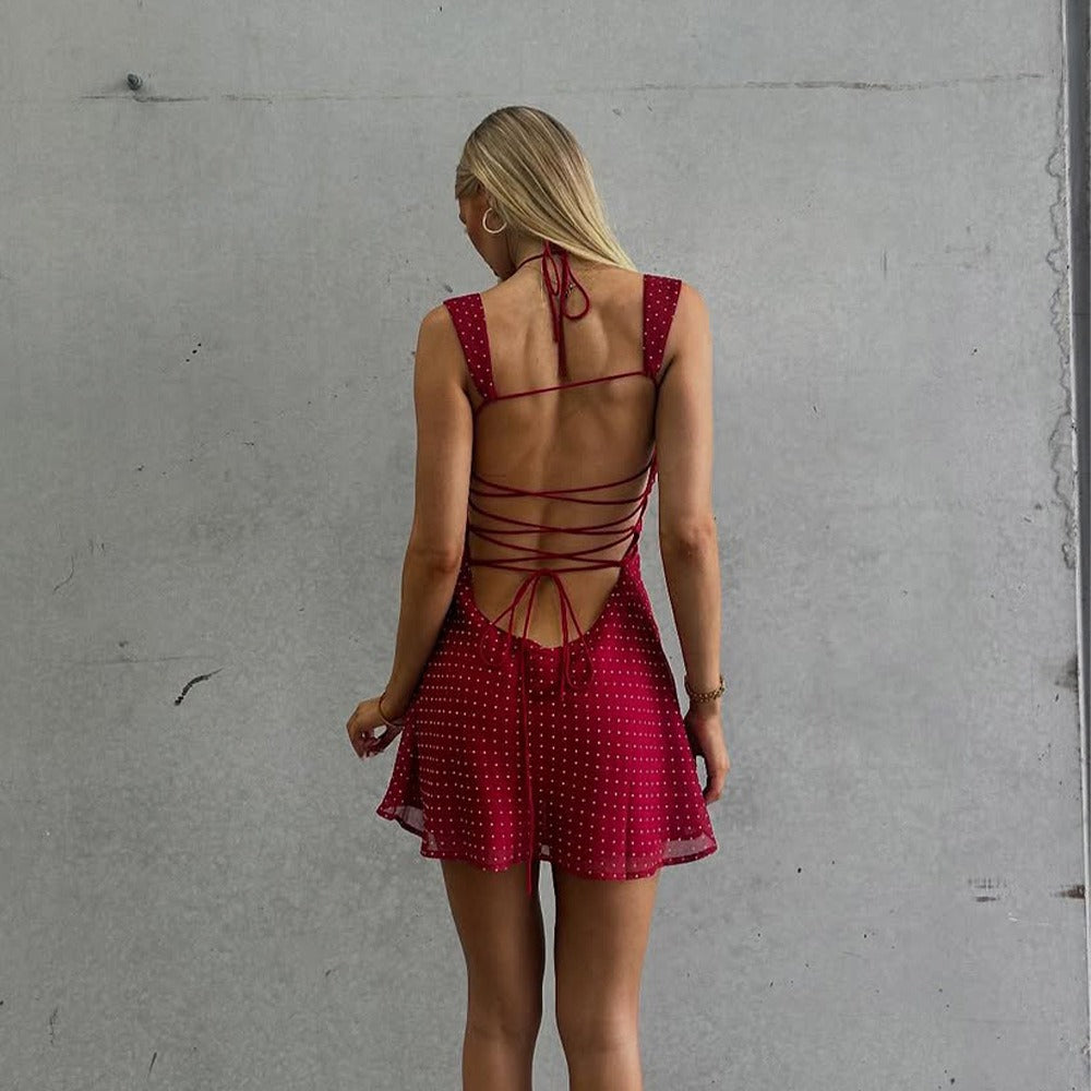 Soreya Polka Dot Lace-Up Mini Dress