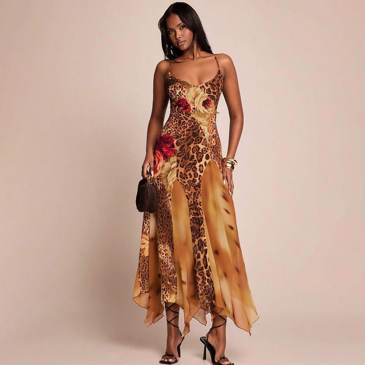 Zelin Leopard Floral Mesh Maxi Dress