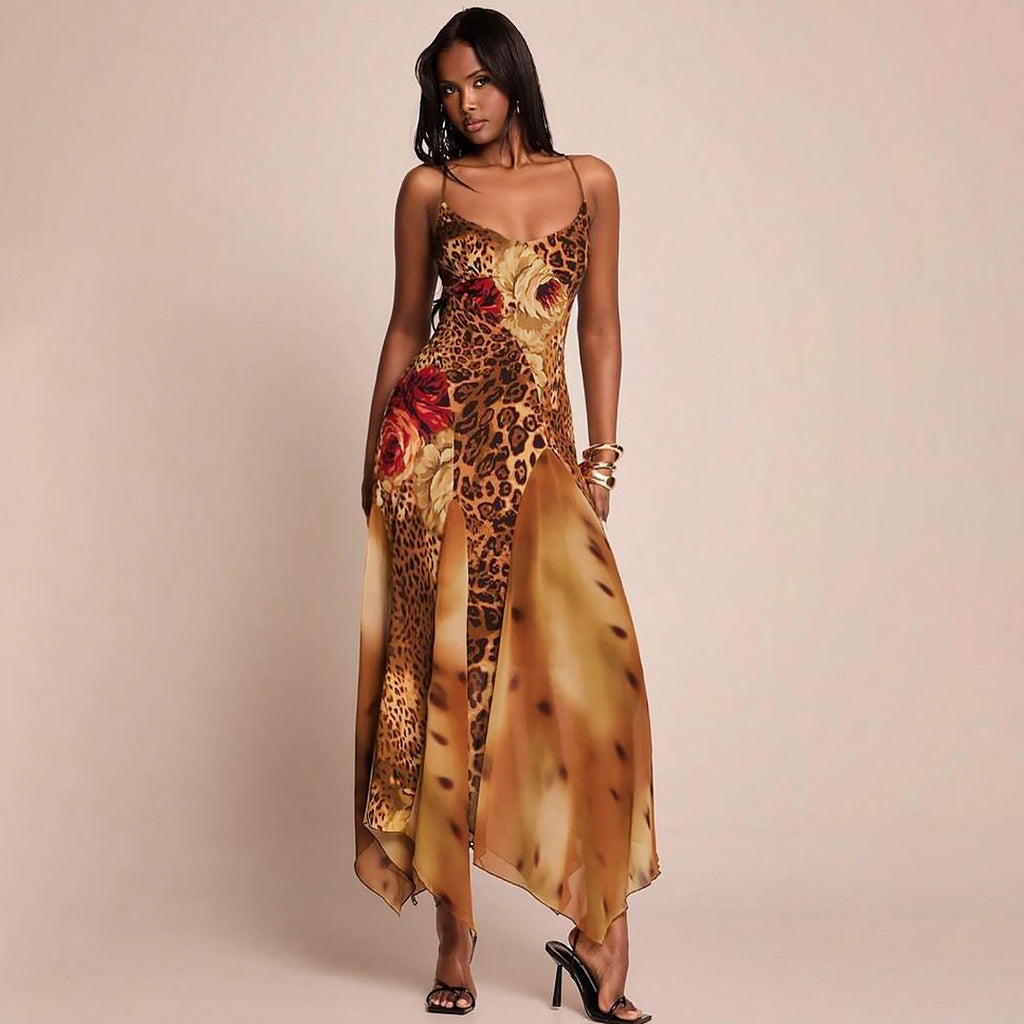 Zelin Leopard Floral Mesh Maxi Dress